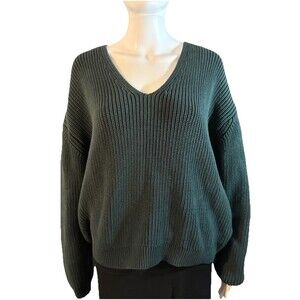 Quince 100% Organic Cotton Fisherman V-Neck Ribbed Sweater Green Top Preppy SZ L